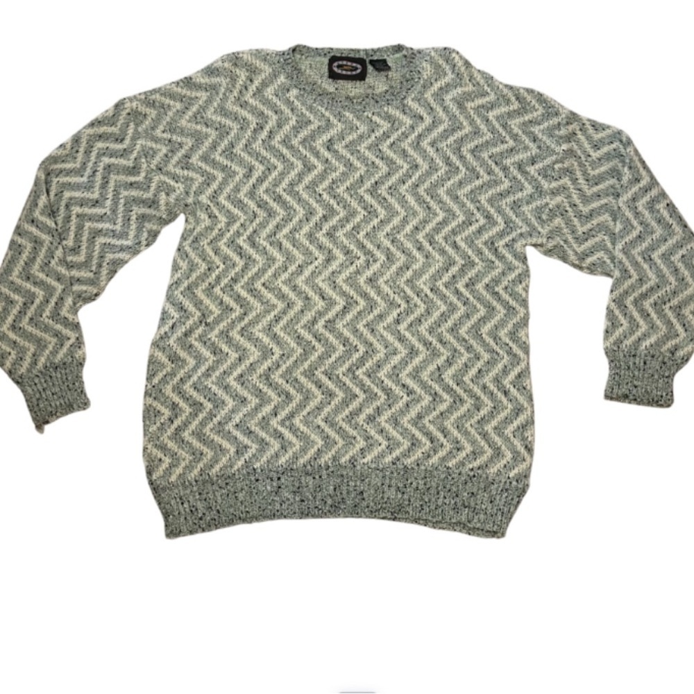 Vintage 90s Textured Knit Sweater Mens XL Grey Coogi Style Zig Zag